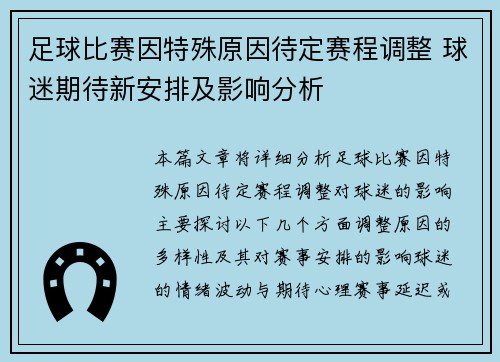 足球比赛因特殊原因待定赛程调整 球迷期待新安排及影响分析