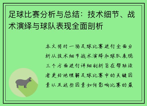 足球比赛分析与总结：技术细节、战术演绎与球队表现全面剖析